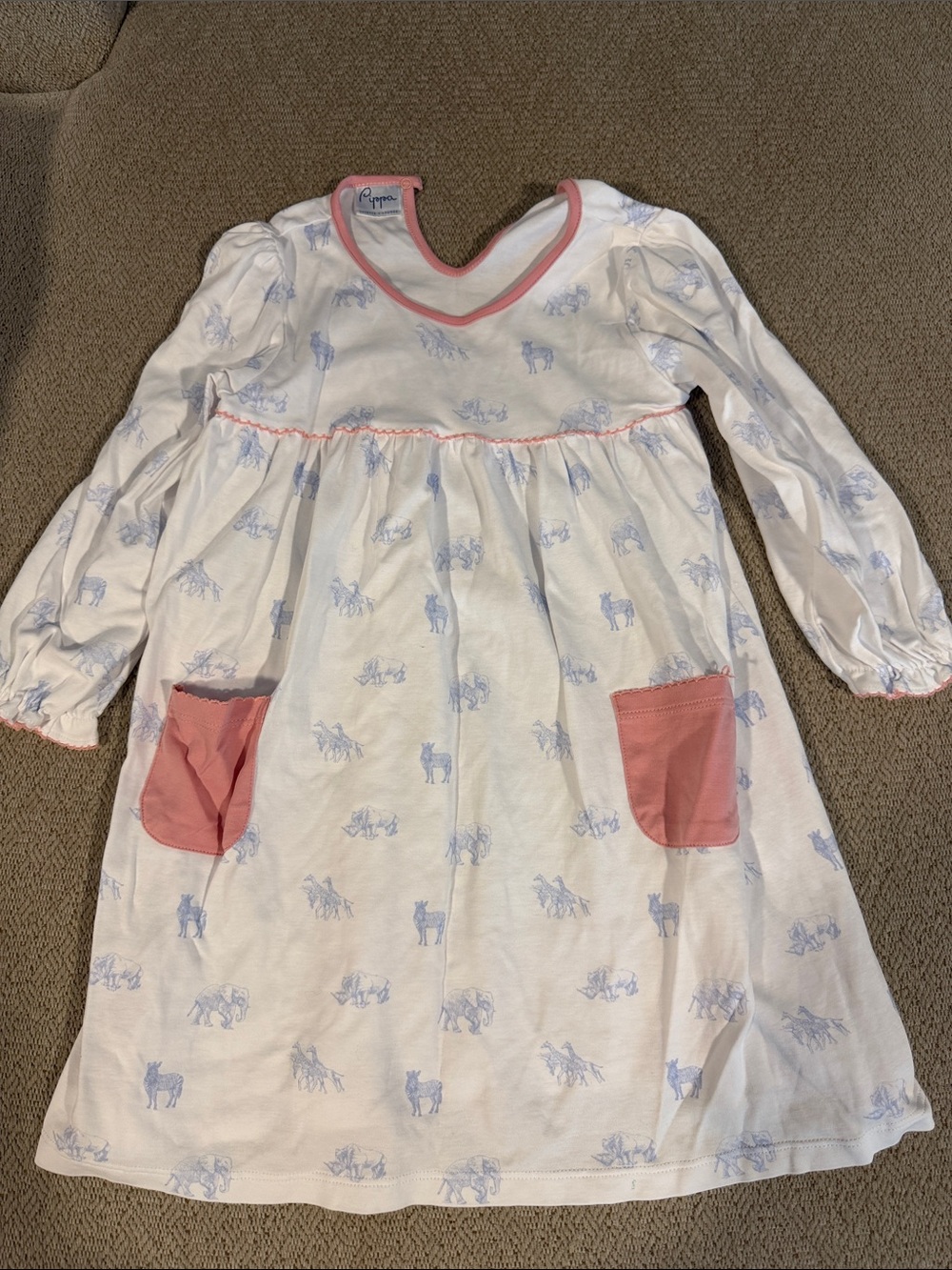 Cotton Long-Sleeve White Dress with Pink Trim and Pocket Detail
